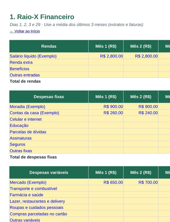 A planilha: Raio-X Financeiro: você preenche o amarelo e ela calcula